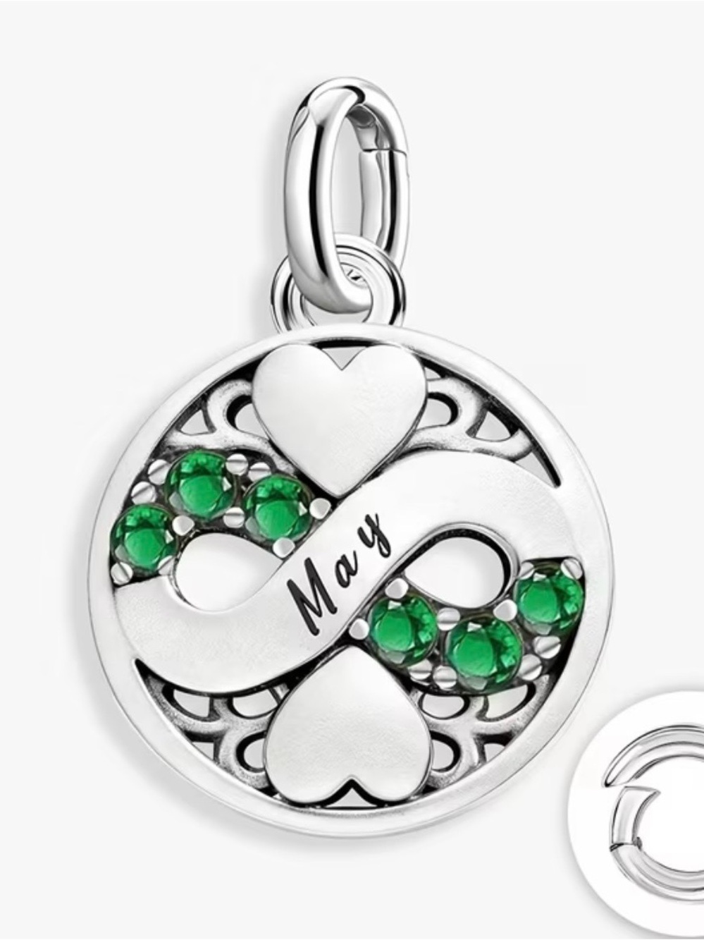 May Birthstone Infinity Heart Charm Pendant. Sterling Silver with Emerald Stones